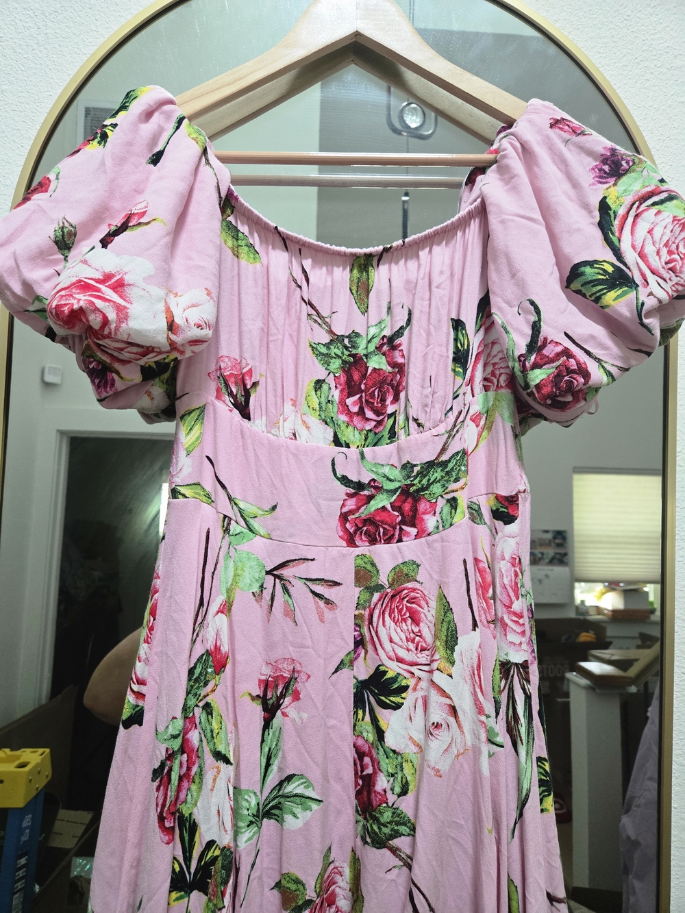 AFRM Pink Floral Ruffle Midi Dress Puff Sleeve Tiered Romantic M